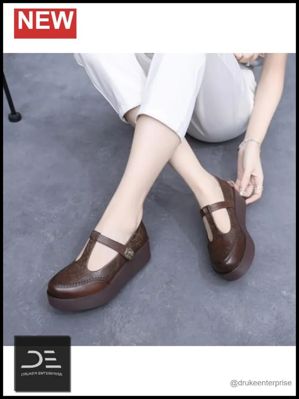 Genuine Leather T-Strap Platform Mary Jane Wedge Pumps Adjustable Hook and Loop